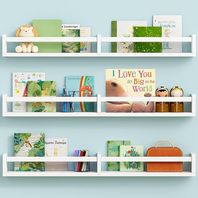 Large Nursery Book Shelves Wall Mounted for Kids Room, White Floating Nursery Bookshelf for Baby Girls Boys Bedroom, Toddler Kid Book Shelf for Classroom Library (32 Inch Long Set of 3)