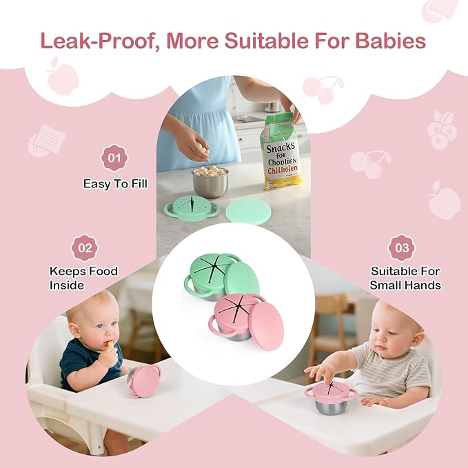 2 Pack Snack Cups for Toddlers Spill Proof - Detachable Stainless Steel Toddler Snack Cups with Silicone Lids & Handles - Dishwasher Safe Baby Snack Containers for Mess-Free Snacking (Green and Pink)
