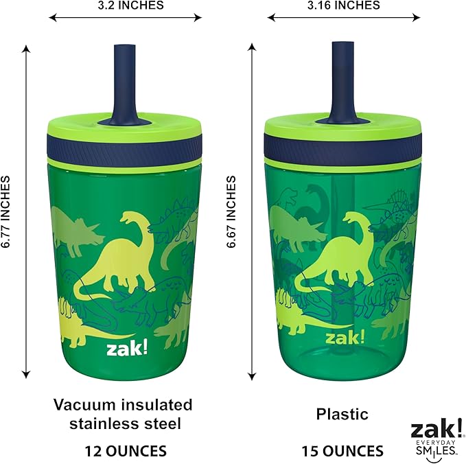 Zak Designs Dino Camo Kelso Tumbler 3pc Set, Leak-Proof Screw-On Lid with Straw, Bundle for Kids Includes Plastic and Stainless Steel Cups with Additional Sipper, 15 fluid ounces