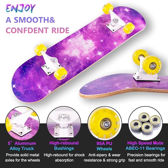 Skateboard,31 x 8 Inch Complete Skateboard, 8-Layer Maple Wood Deck Double Kick Standard Skateboards for Kids, Teens, Adult, Beginner