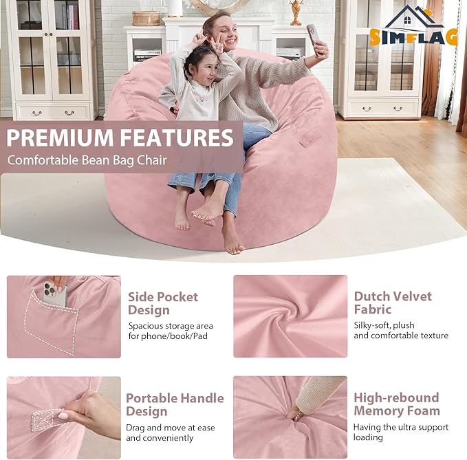 3FT Bean Bag Chair, Comfy Bean Bag Chairs with Memory Foam Filled, Fluffy Beanbag Sofa with Dutch Velvet Cover, Round BeanBag Chairs for Living Room, Playroom - Light Pink