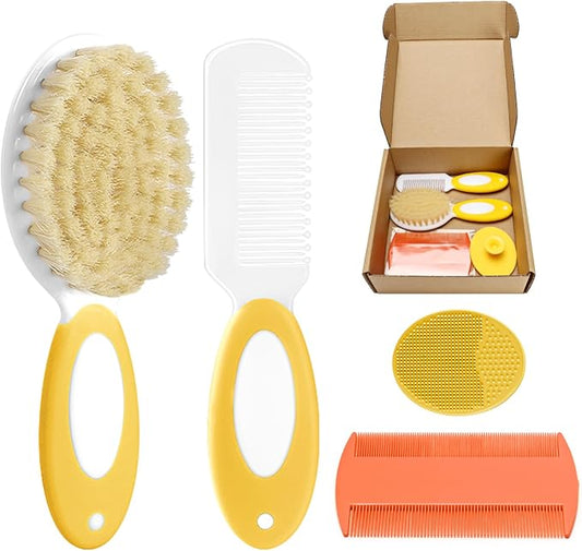 Baby Hair Brush and Comb Set, 4Pcs Baby Soft Bristles hairbrush Cradle Cap Brush Hair Comb for Newborns Toddlers Boys Girls (Yellow)