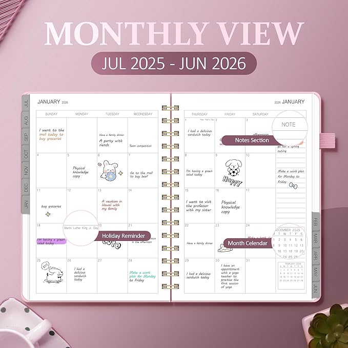 Planner 2025-2026 Weekly and Monthly, July 2025 - June 2026, Hardcover Spiral Bound with Tabs, Inner Pocket, A5 (6.3"x8.5") - Ideal for Teachers, Students & Professionals, Pink