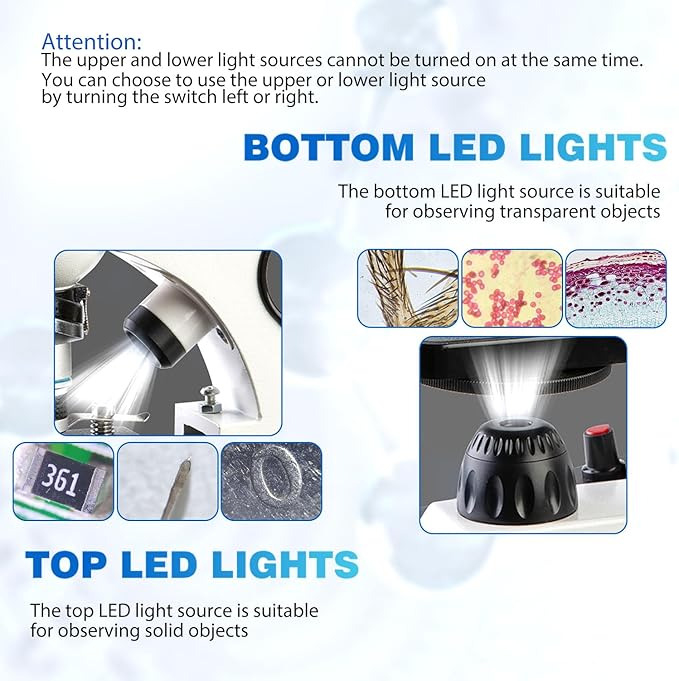 Microscope for Kids Starter Adults 64X-1280X Metal Monocular Microscope for Students School Home Education LED Lights Phone Holder Microscope Kit