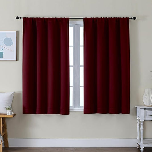 Simplebrand Ava Burgundy Short Blackout Curtains for Bedroom 45 Inches Long 2 Panels Set, Solid Thermal Insulated, Energy Saving Window Treatment Curtains Blackout Drapes, W40 x L45 Inch, Burgundy