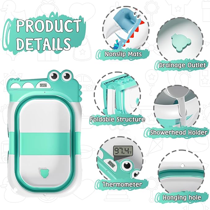 TPN Collapsible Baby Bathtub, Baby Bath Tub with Soft Cushion & Real-Time Thermometer, Baby Bathtub Infant to Toddler Tub (0-36 Months), Portable Newborn Travel Bath tub