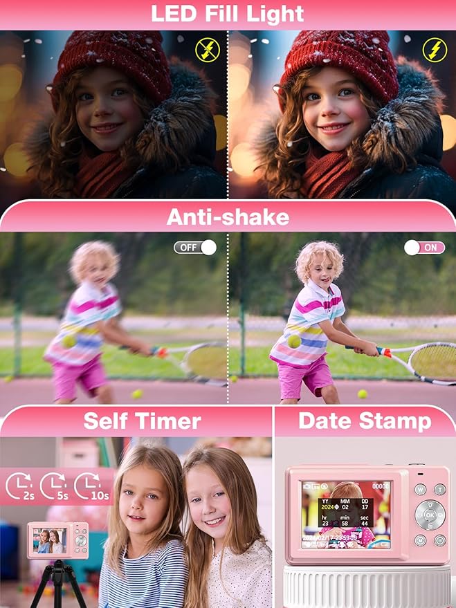 Digital Camera,FHD 1080P Kids Camera 44MP Point and Shoot Digital Cameras with 32GB Card,16X Zoom,Anti-Shake,Date Stamp,Compact Small Cameras Photography for Kids Student Teen Girl Boy(Pink)
