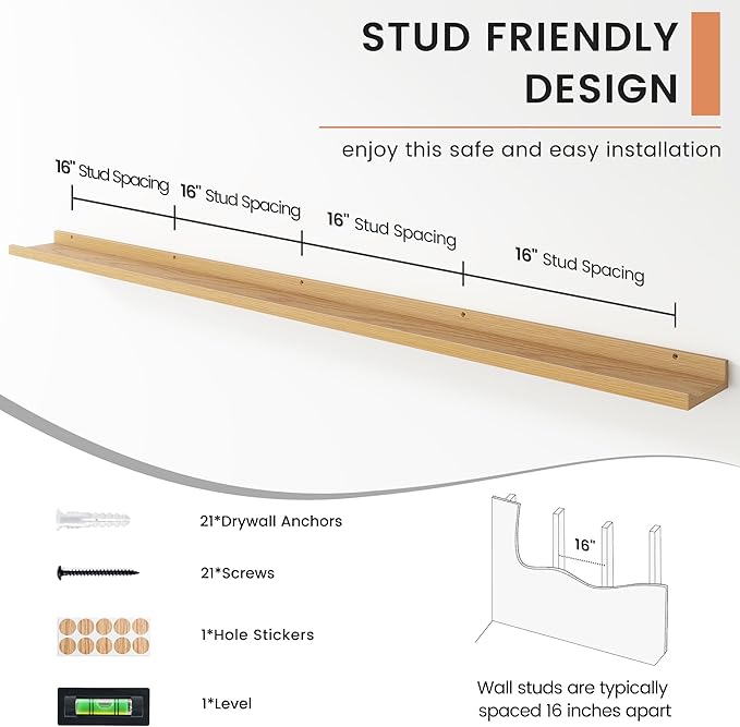 4-Pack 72 Inch Wall Mounted Floating Picture Ledge Shelves, Modern Oak Style, Perfect for Displaying Photos, Books, Collectibles, and More
