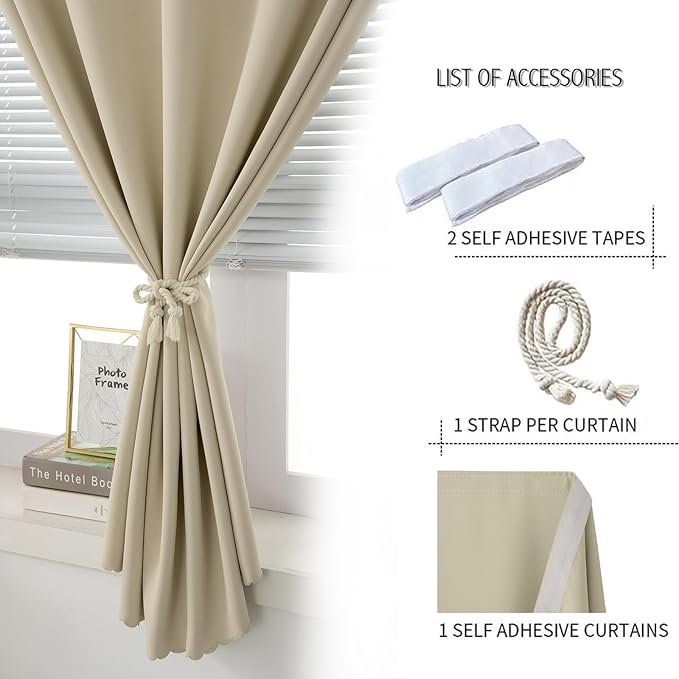 Self Adhesive Portable Blackout Curtains for Bedroom Easy to Install Window Thermal Lnsulated Kitchen Room Darkening Small Window Curtains, Cortinas Para Cuarto, 47"W X 59"L, Beige, 1 Panel