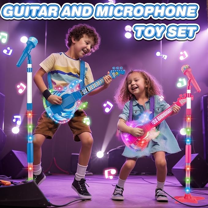 Kids Guitar and Microphone Set, Toy Guitar with Adjustable Volume and Strap, Microphone with Stand and Color Light, Toddler Musical Instrument for 3-5 5-9, Kids Karaoke Machine for Boy Girls(Blue)
