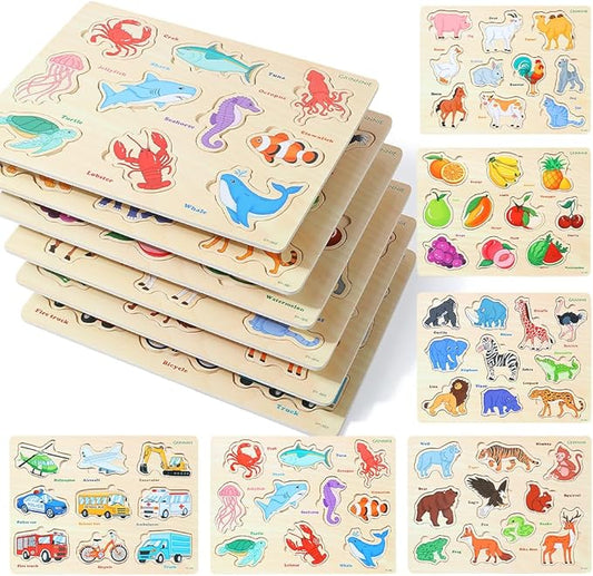 GRINNNIE Wooden Toddler Puzzle for Age 2 3 4 Years Old, 6 PCS Toddlers Learning Puzzle Set - Animal, Fruit, Sea Creature and Vehicle, Educational Toy Birthday for 3-5 Boys Girls