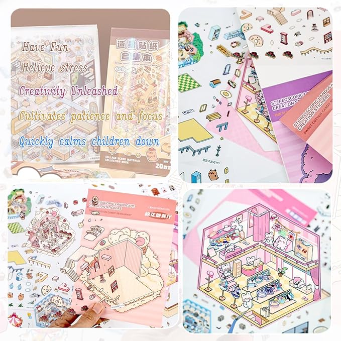 20 Sets DIY 3D Sticker Scenes for Adults Relief Stress, Cute Kawaii 3D House Sticker Therapy for Women Teen Girls Kids Pass The Time, Make Your Own Mini Room Scene Collection Book with Tweezer