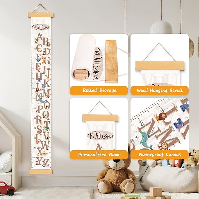 Customize Name Growth Chart Wall, Cute Letters Canvas Height Chart for Kids, Height Indicator Tape Ruler Growth Chart Decor, Toddler Room Decoration, Baby Measuring Board