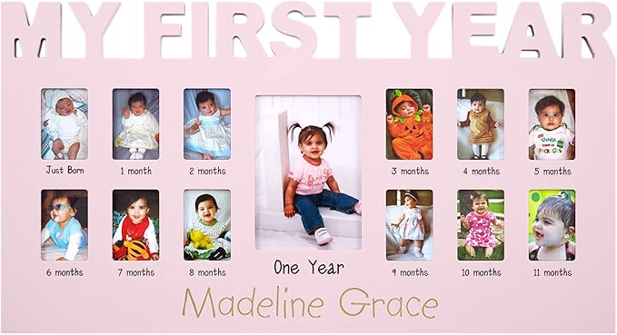 Let's Make Memories Personalized Baby's First 12 Months Photo Frame- New Parents- Newborn- Nursery - Pink