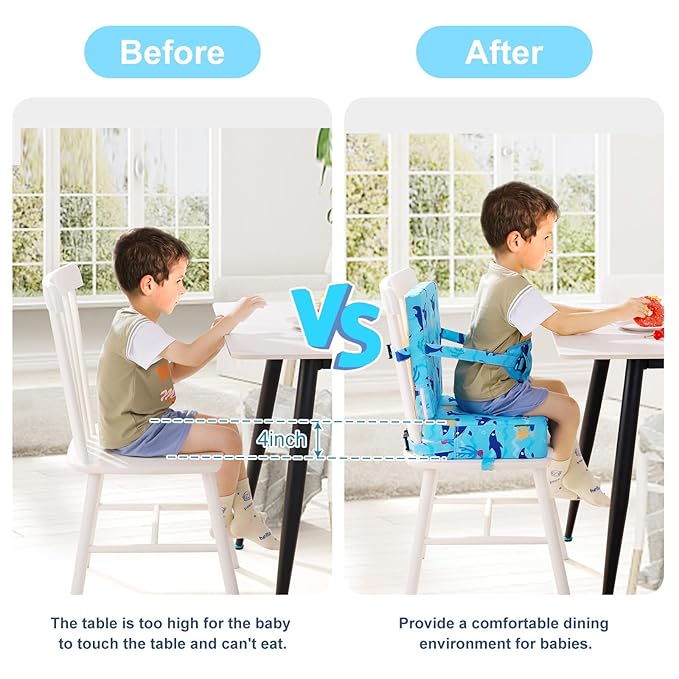 Toddler Booster Seat for Dining Table, Dinosaur Booster Seat for Table with Backrest and Adjustable Seat Belts Non-Slip Bottom Portable Booster Seat Increasing Cushion for Kid Baby Eating Travel Home