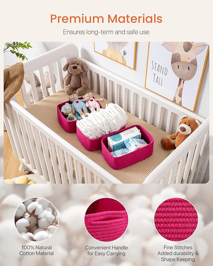 KALLAX Small Woven Basket, 12 x 8 x 4.5 Inches, Storage Basket for Organizing, Cute Small Rope Shelf Closet Cube Storage Bins Baskets for Shelves, Dog Toy Gift Baskets Empty, 3 Packs, Hot Pink