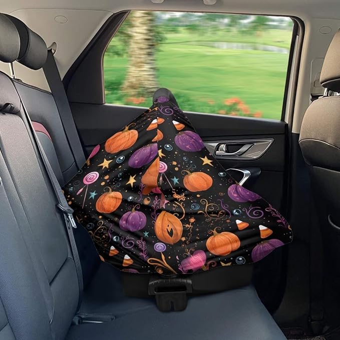 Binienty Infant Carseat Canopy, Cute Halloween Pumpkin Nursing Cover Soft Breathable Baby Car Seat Covers, Gifts for Mom Lover Wife