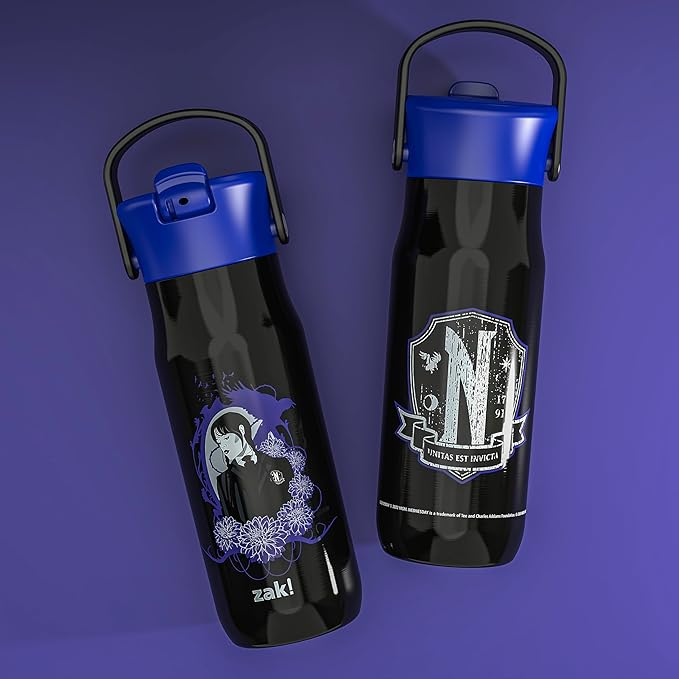 Zak Designs Harmony Wednesday Water Bottle for Travel or At Home, 20oz Recycled Stainless Steel is Leak-Proof When Closed and Vacuum Insulated with Straw Lid and Carry Handle (Wednesday Addams)