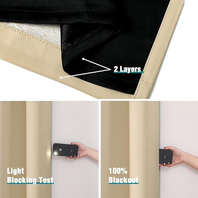 ChrisDowa 100% Blackout Curtains 108 inch Long for Bedroom with Black Liner, 2 Thick Layers Total Blackout Thermal Insulated Grommet Window Curtains 2 Panels Set (Beige, 52 x 108 Inch)