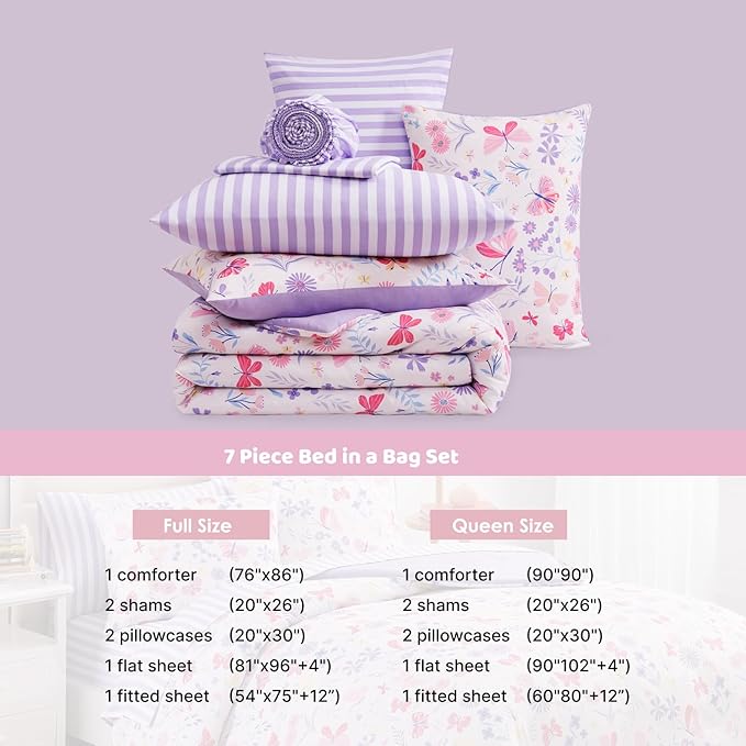 Queen Comforter Set with Sheets for Girls-7 Pieces Queen Bedding Sets with Pink Comforter, Sheets, Pillowcases & Shams for Kids (Cute Botanical Flowers, 90" X 90")