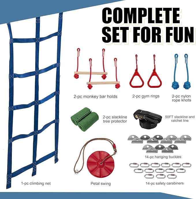 Slsy Ninja Warrior Obstacle Course for Kids, 50FT Durable Ninja Slackline Kit with 8 Accessories, Playset Equipment for Boys & Girls with Swing, Climbing Net, Ladder & Monkey Bars