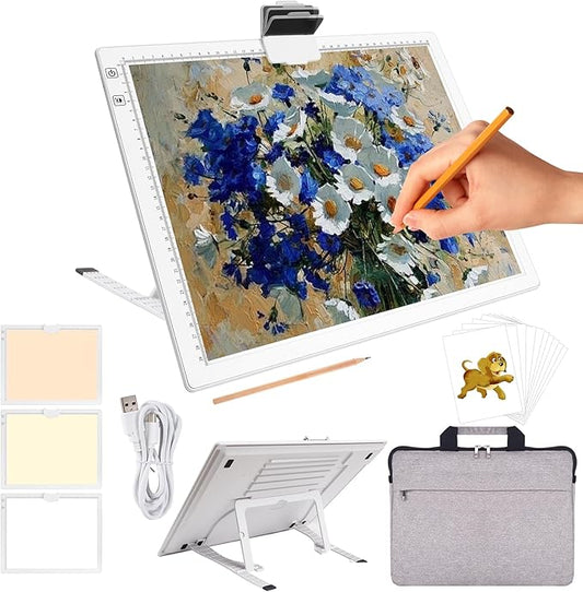 KOBAIBAN Wireless A3 Light Pad with Carry Bag, Foldable Stand, Top Clip, 3 Colors/Stepless/6-level Dimmable Brightness Rechargeable tracing Light Box/Board for Weeding Vinyl, Diamond Painting (White)