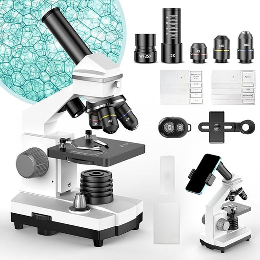Professional Compound Microscopes for Adults, Kids 8-12 & Students | 2000X Magnification Lab & Home Microscope with Phone Adapter, Complete Slides Set (Gray White)