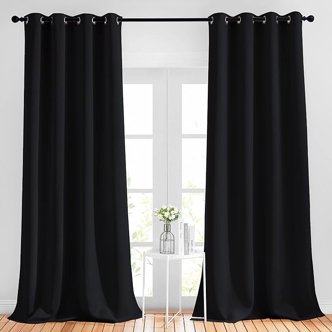 NICETOWN Blackout Black Curtains & Drapes 90 inches Long - Grommet Thermal Insulated Blackout Drapes Light Blinds Room Darkening Window Treatments for Bedroom (2 Panels, W52 x L90, Black)
