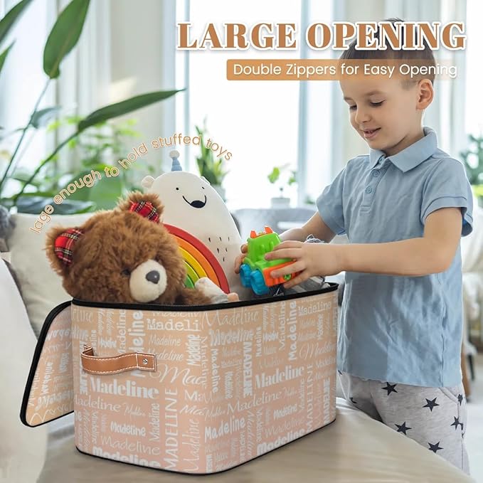 Custom Storage Basket with Name, Personalized Storage Bins with Zipper Lid, Foldable Fabric Storage Box Large capacity with Handle Apricot