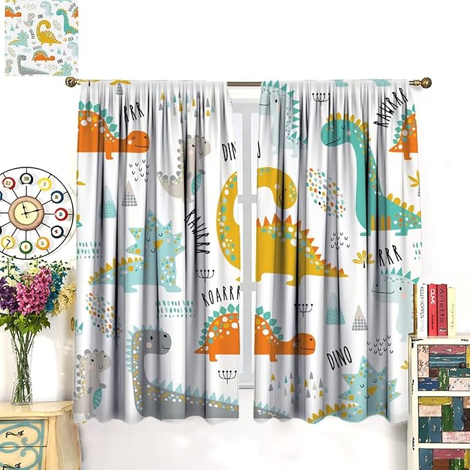 Dinosaur Curtains for Kids Boys Girls Home Decor Childish Cute Dino Animals Print Pattern Rod Pocket Blackout Window Drapes for Nursery Baby Bedroom Playroom W21xL54in 2 Panels