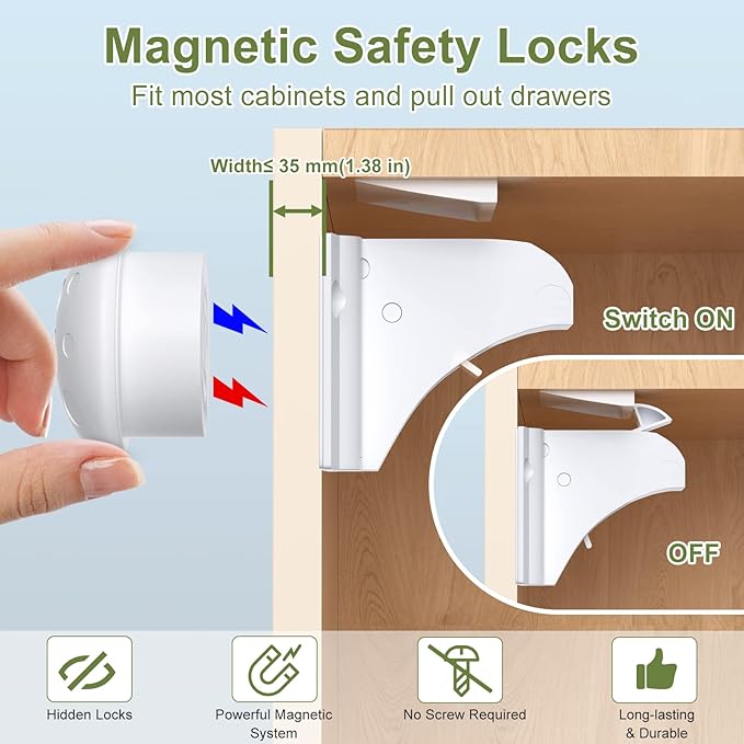 Magnetic Cabinet Locks 20 Pack+4 Keys, AOSITE Baby Proofing Drawer Lock Child Safety Locks for Kitchen with Adhesive No Drilling or Screws Fixed, 4 Baby Safety Cabinet Locks for Knobs