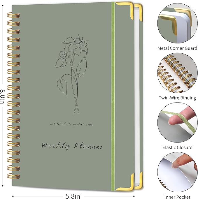 Undated Weekly Planner, Weekly To Do List Notebook with Goal & Habit Tracker Organizer, A5 5.8" x 8.0" Weekly Planner Notebook with Spiral Binding for Men or Women