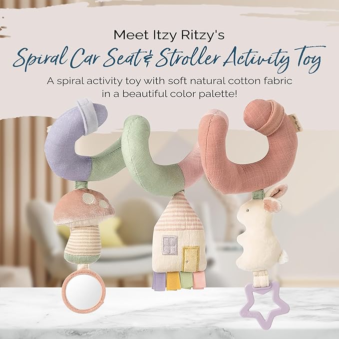 Itzy Ritzy Spiral Car Seat & Stroller Activity Toy - Stroller & Car Seat Toys for Ages 0 Months and Up - Hanging Toys Include Dangling Ring, Mirror and Textured Ribbons (Pastel Rainbow)