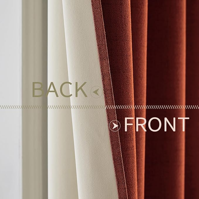 MIULEE 100% Blackout Linen Curtains for Bedroom Thermal Insulated Burnt Orange Grommet Room Darkening Curtains & Drapes Rust Terracotta Fall Decor for Living Room Nursery 52 x 96 Inch (2 Panels)