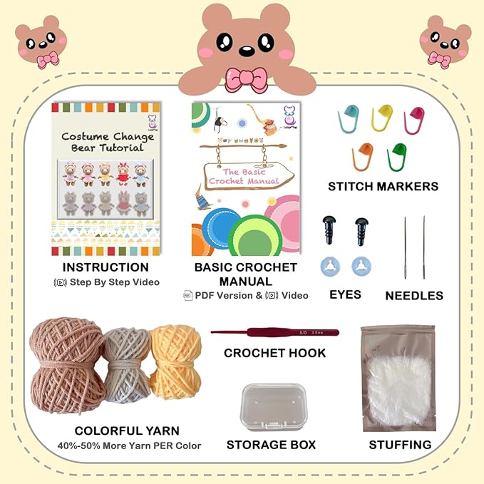 LoopMap Crochet Kit for Beginners - DIY Amigurumi Bear with Removable Dress & Accessories - Step-by-Step Video Tutorials, Extra Yarn, Crochet Tools, Handmade Gift for Kids & Adults (Bear K01, Yellow)