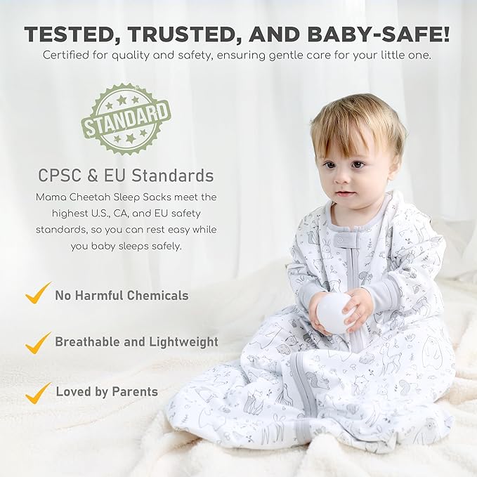 Mama Cheetah Baby Sleep Sack with Sleeves, 0.5 TOG Organic Cotton Wearable Blanket and Two-Way Zipper, Swaddle Transition Long Sleeve Sleeping Bag for Newborn Infant Toddler, 0-6 Months