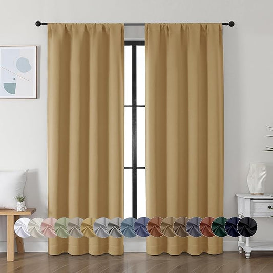 Simplebrand Ava Gold Blackout Curtains for Bedroom, 72 Inch Length 2 Panels Set, Thermal Insulated Privacy Rod Pocket Curtains for French Door, W40 x L72 Inch