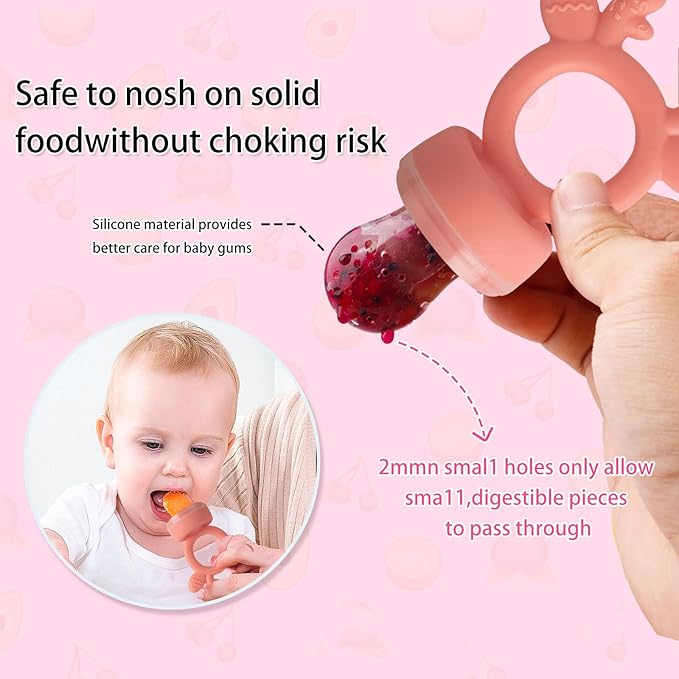 Baby Fruit Food Feeder - Silicone Nibble Tray Combo - Breastmilk Popsicle Mold for Cooling Relief, BPA Free Mesh Feeder for Infant Self Feeding (Deer Pink + Pineapple)