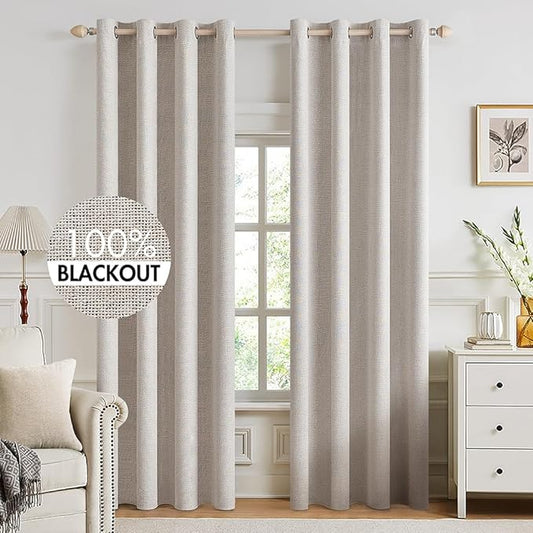 MIULEE 100% Blackout Linen Textured Curtains for Bedroom Solid Thermal Insulated Ivory Grommet Room Darkening Curtains & Drapes Luxury Decor for Living Room Nursery 52 x 92 Inch (2 Panels)