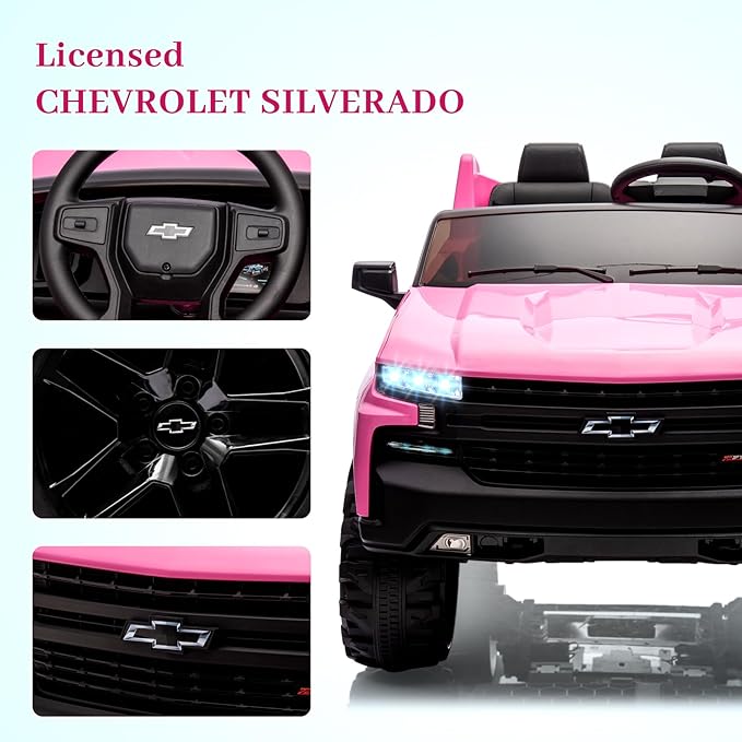 Hetoy 24V 2-Seater Truck Licensed Chevrolet Silverado Ride On Car Toy w/Parent Remote Control,4xSpring Suspension, 3 Speeds, Wireless Music, MP3 Player, Electric Vehicle Car for Kids, Pink