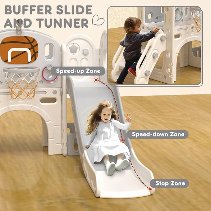 XJD 8 in 1 Toddler Slide Set, Kids Slide for Toddlers Age 1+, Toddler Climber Slide PlaySet with Basketball Hoop and Ball,Outdoor Indoor Playground for Toddlers 1-3 (Beige Grey, 8 in 1)