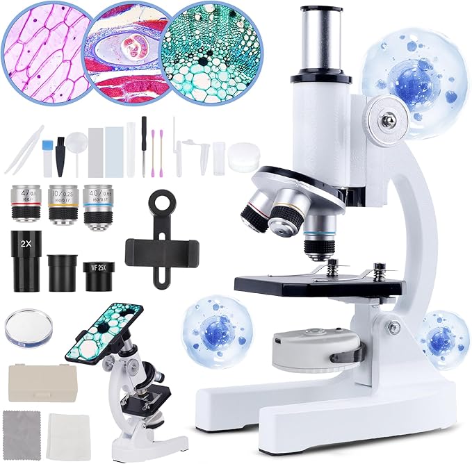 Microscope for Kids Beginner, 40X-2000X Biological Compound Microscope Kit with Adjustable Brightness LED, Slides for School Lab Home Education, Gifts for Children Students Ages 6+