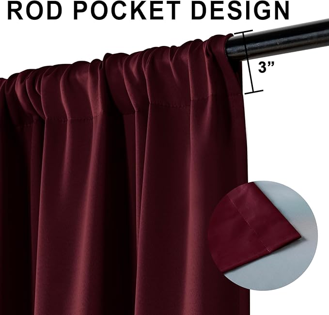 XWZO 100% Blackout Window Curtains - Rod Pocket Thermal Insulated & Completely Room Darkening Black Liner Window Treatment with Tiebacks for Bedroom/Living Room, Burgundy, W60 x L84, Set of 2 Panels