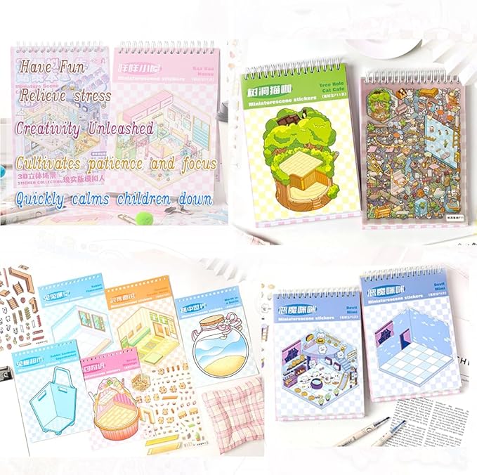 Dwpetzo 20 Sets DIY 3D Sticker Scenes for Adults with Tweezer, Cute 3D House Sticker Therapy for Girls Make Your Own Mini Room Scene Collection Book for Adult Kids Relief Stress Pass The Time