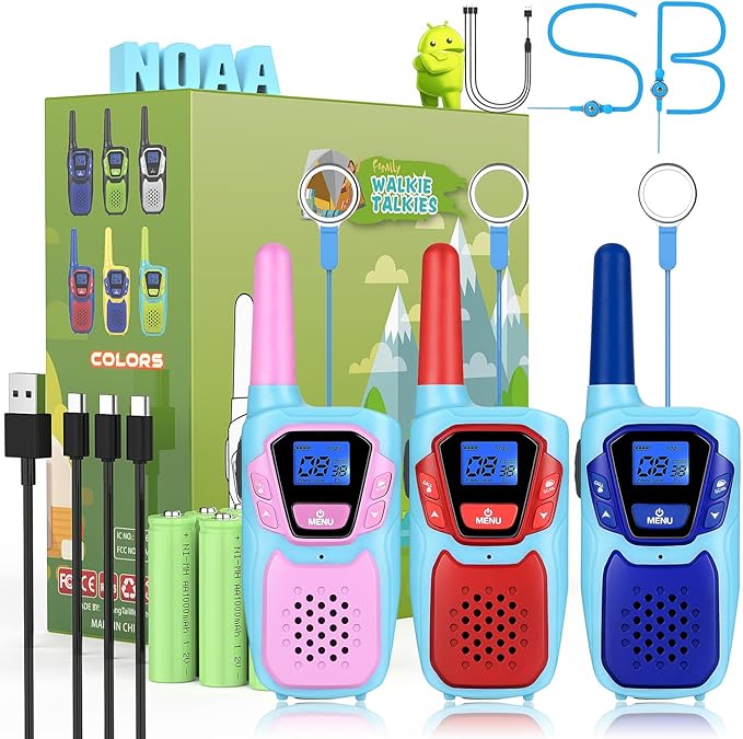 Walkie Talkies Long Range 3 Pack Rechargeable Walkie-Talkies for Kids Girls Boys Toddlers Adults Camping Hiking Skiing Cruise, Family Pink 2 Way Radio Toy with Lanyard Battery 4 Miles VOX NOAA