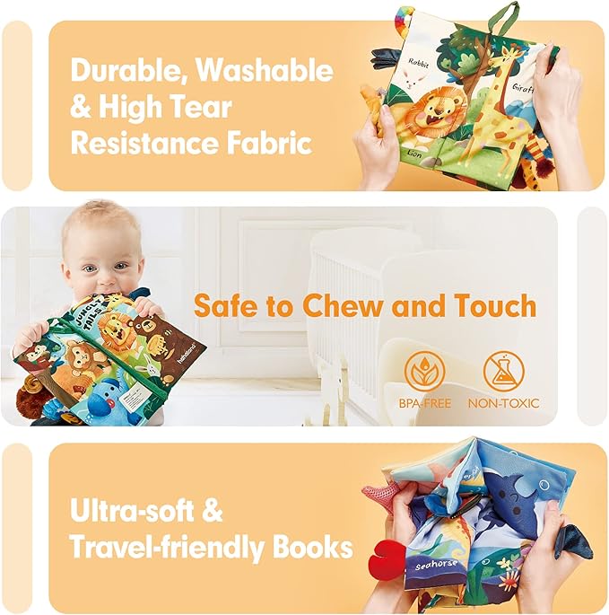 hahaland Baby Toys 0-6 Months - Crinkle Books for Babies 2PCS, Cloth Texture Tails Sensory Book 6-12 Months - Soft, Tummy Time, Montessori Toys 3 4 5 Month Newborn Twin Boys Gifts Travel Infant Toy