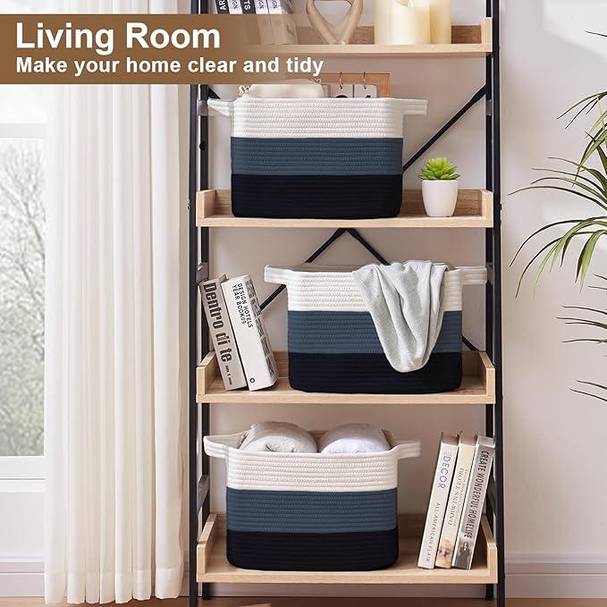 Storage Basket for Organizing, Woven Baskets for Storage, Rectangle Decorative Baskets for Shleves, Closet, Toys, Books, Nursery Organizer Bins - Pack of 3 (Gradient Blue)