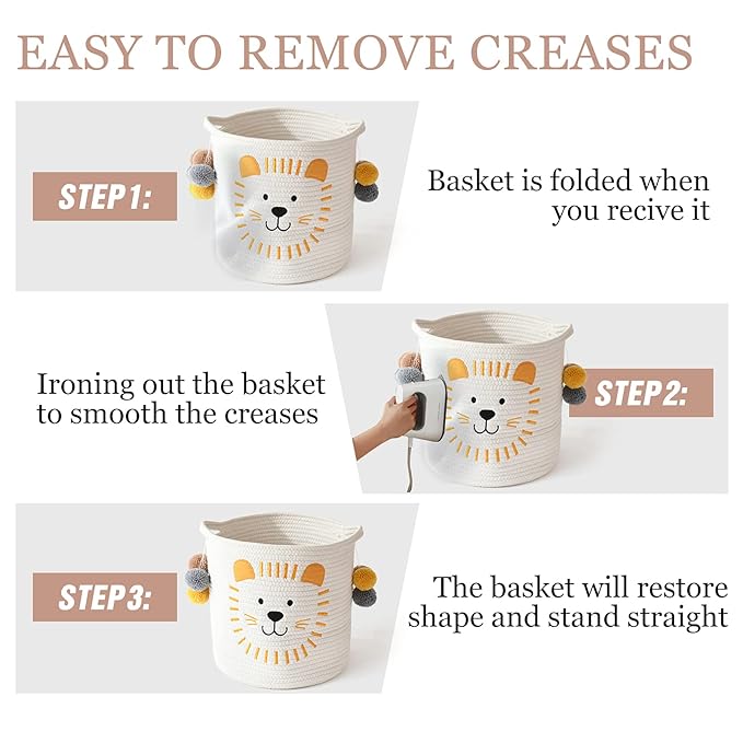 INough Toy Storage Baskets Cute Laundry Basket with Handles Dog Toy Storage Basket Durable Large Cotton Rope Storage Bins Home Organizer Solution for Office, Bedroom, Closet, Toys & Laundry (Lion)