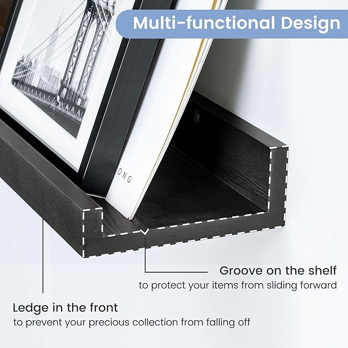 Picture Ledge Shelf for Wall, 24 inch Solid Pine Wood Nursery Book Shelves 2 Packs, Floating Ledge Shelves for Kids' Room Bedroom Bathroom Living Room Photo Frames Office Nursey Wall Decor, Black