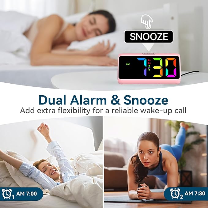 Netzu Loud Alarm Clock for Heavy Sleepers, RGB Alarm Clocks for Bedrooms Seniors Kids, Plug in Digital Clock with 5 Dimmers, 2 Alarms, 4 Volumes and Snooze
